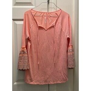 St. John's Bay V-Neck Shirt‎ Peach 3/4 Bell Sleeve Embroidered Women's Medium